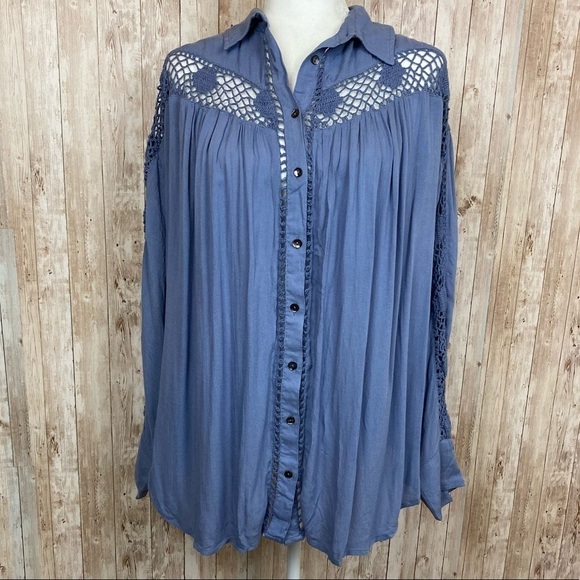 Free People Katie Bird Lace Crochet Inset Long Sleeve Boho Button Front Shirt - Picture 5 of 10